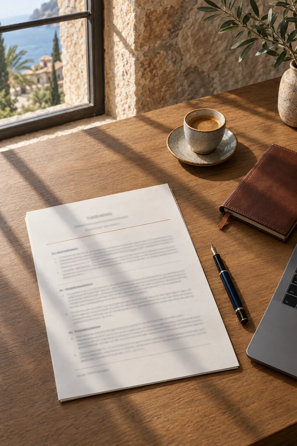 Consultant's desk with a document, fountain pen and espresso by a window